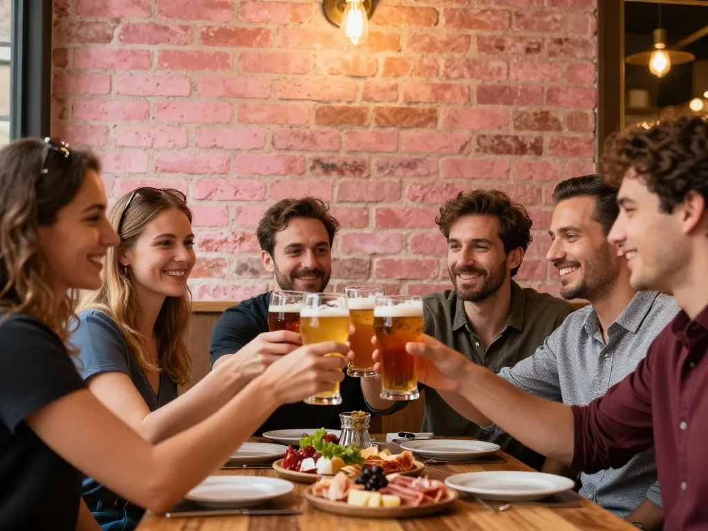 Groupe d'amis caucasiens souriants trinquant avec des verres de bière et cocktails lors d'un afterwork dans une brasserie typique toulousaine en briques roses.