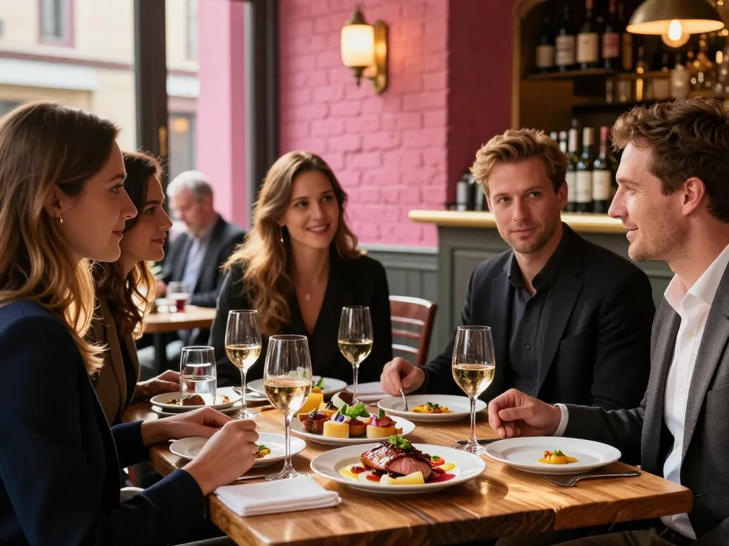 Groupe d'amis partageant des plats bistronomiques et des verres de vin lors d'un afterwork dans une brasserie toulousaine aux briques roses.