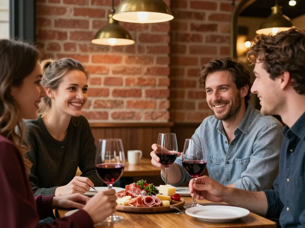 Groupe d'amis partageant un moment convivial autour d'une planche de charcuterie dans une brasserie typique de Toulouse aux murs en briques rouges.