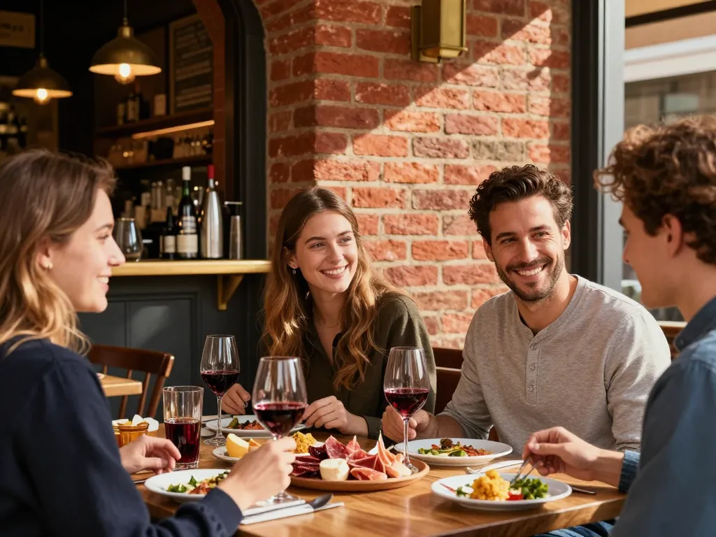 Groupe d'amis partageant un moment convivial dans une authentique brasserie toulousaine aux murs de briques rouges.