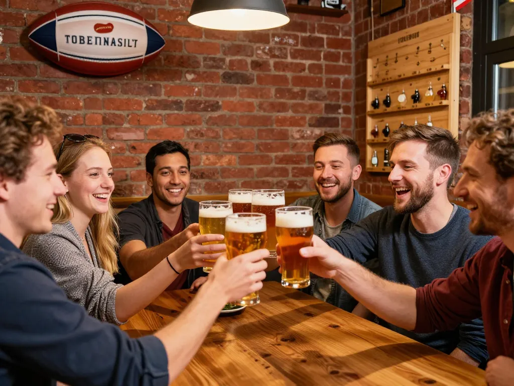 Groupe d'amis caucasiens célébrant dans une brasserie toulousaine avec des bières artisanales et une ambiance rugby du Stade Toulousain.
