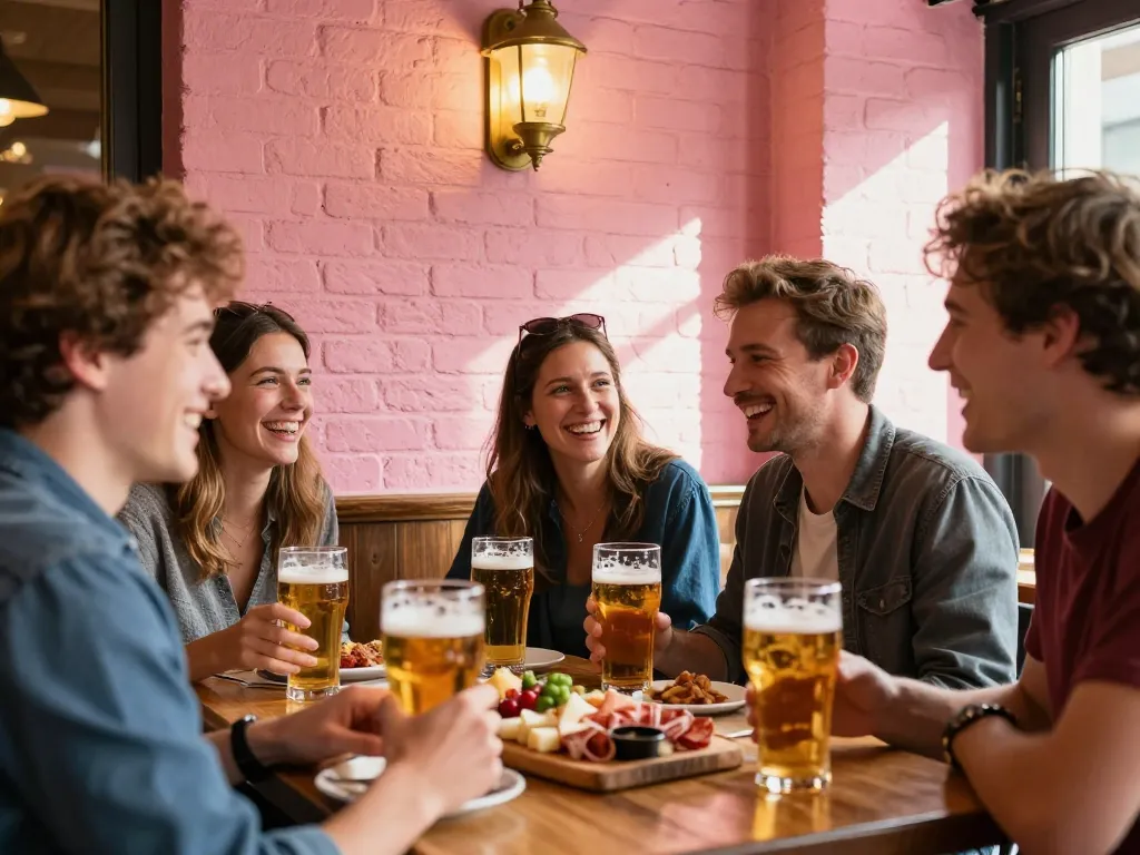 Groupe d'amis souriants partageant un moment convivial autour d'une planche apéritive et de verres dans une brasserie typique de Toulouse aux briques roses.