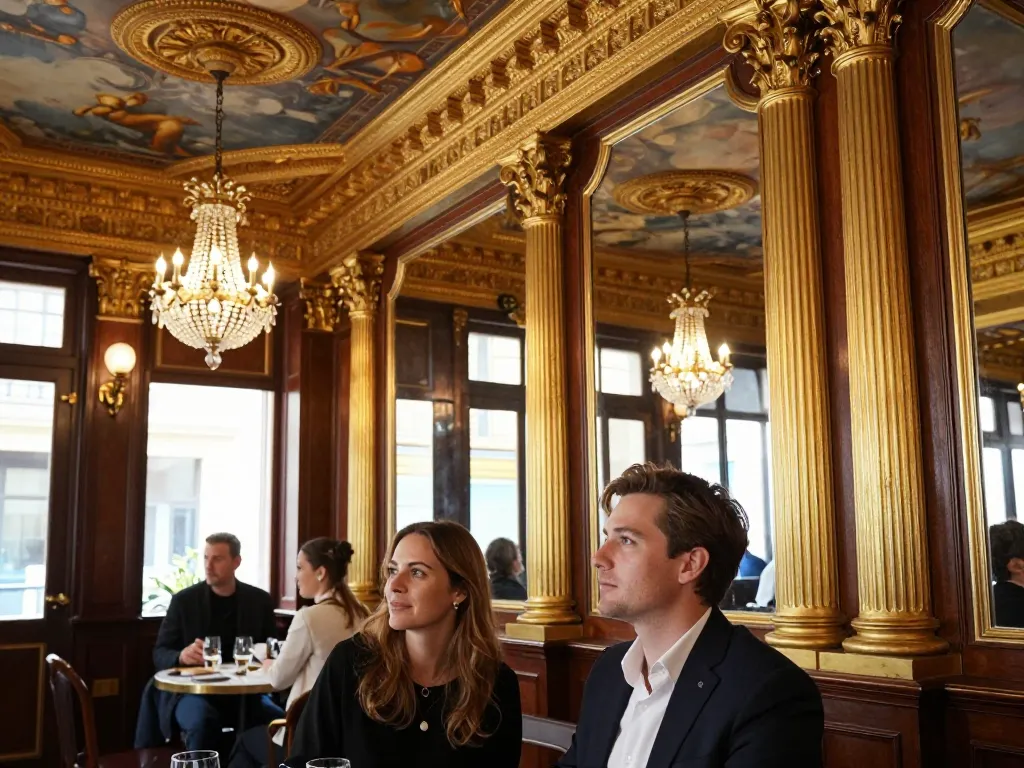Détails architecturaux d'une brasserie toulousaine de style Belle Époque avec des moulures dorées, des miroirs anciens et des clients élégants.