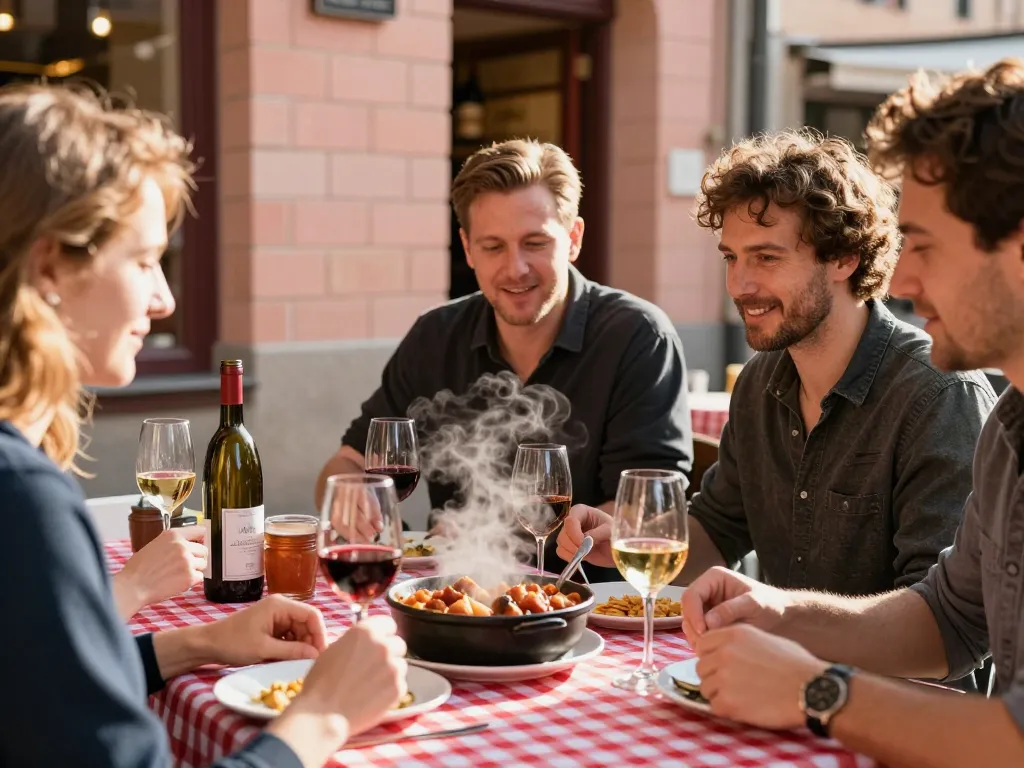 Groupe d'amis dégustant un cassoulet traditionnel toulousain sur une terrasse en briques roses.
