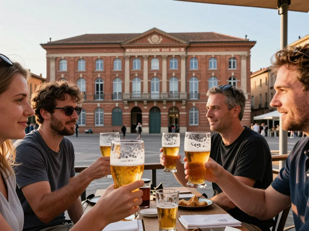 Groupe d'amis dégustant des bières artisanales en terrasse sur la Place du Capitole à Toulouse sous une lumière dorée.