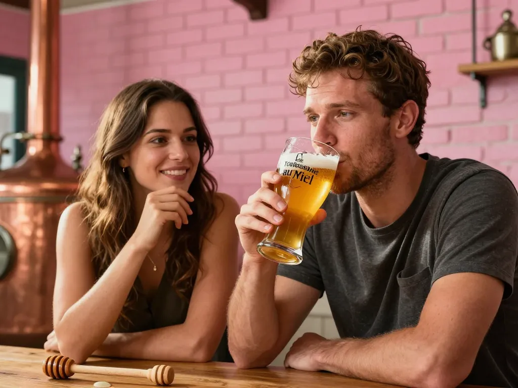 Un homme et une femme dégustant une bière artisanale au miel dans le cadre authentique d'une brasserie toulousaine aux briques roses.