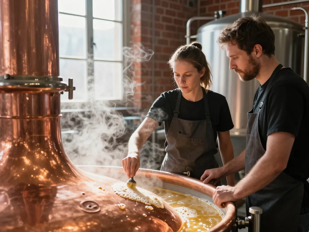 Deux brasseurs artisans toulousains examinant une cuve de brassage en cuivre fumante dans une micro-brasserie authentique aux murs de briques rouges.