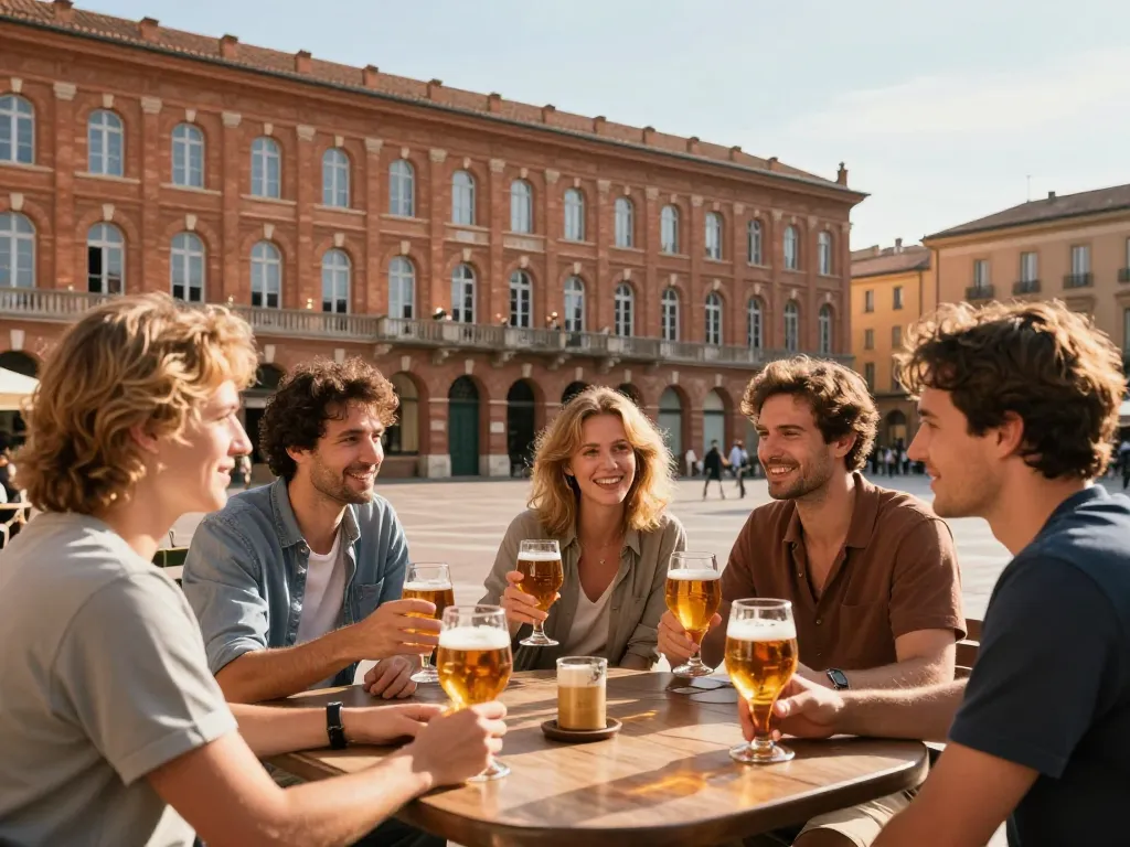 Groupe d'amis dégustant des bières artisanales en terrasse sur la célèbre Place du Capitole à Toulouse