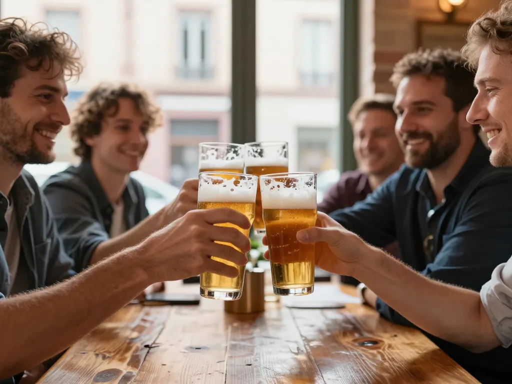 Groupe d'amis caucasiens partageant des bières artisanales à la Brasserie Avallon à Toulouse dans un cadre chaleureux.