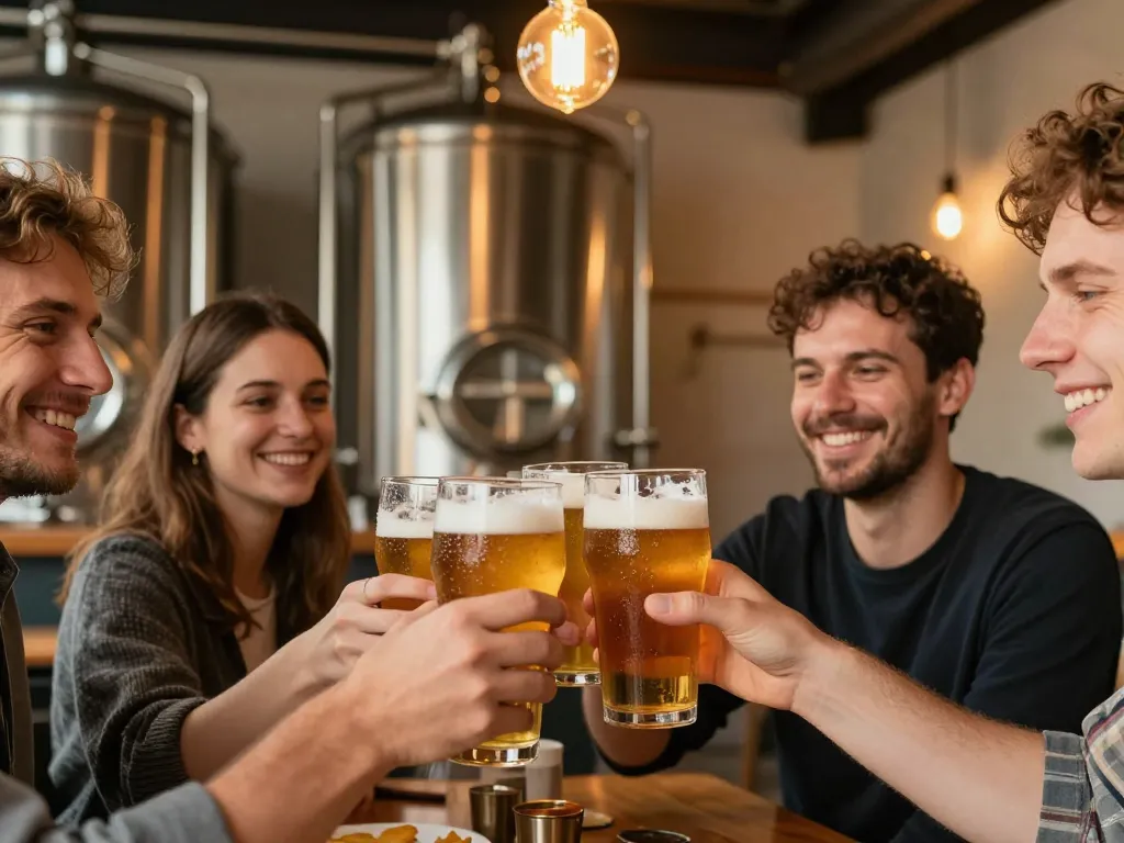 Amis souriants trinquant avec des pintes de bière artisanale dans le cadre industriel et chaleureux de la Brasserie Caporal à Toulouse.