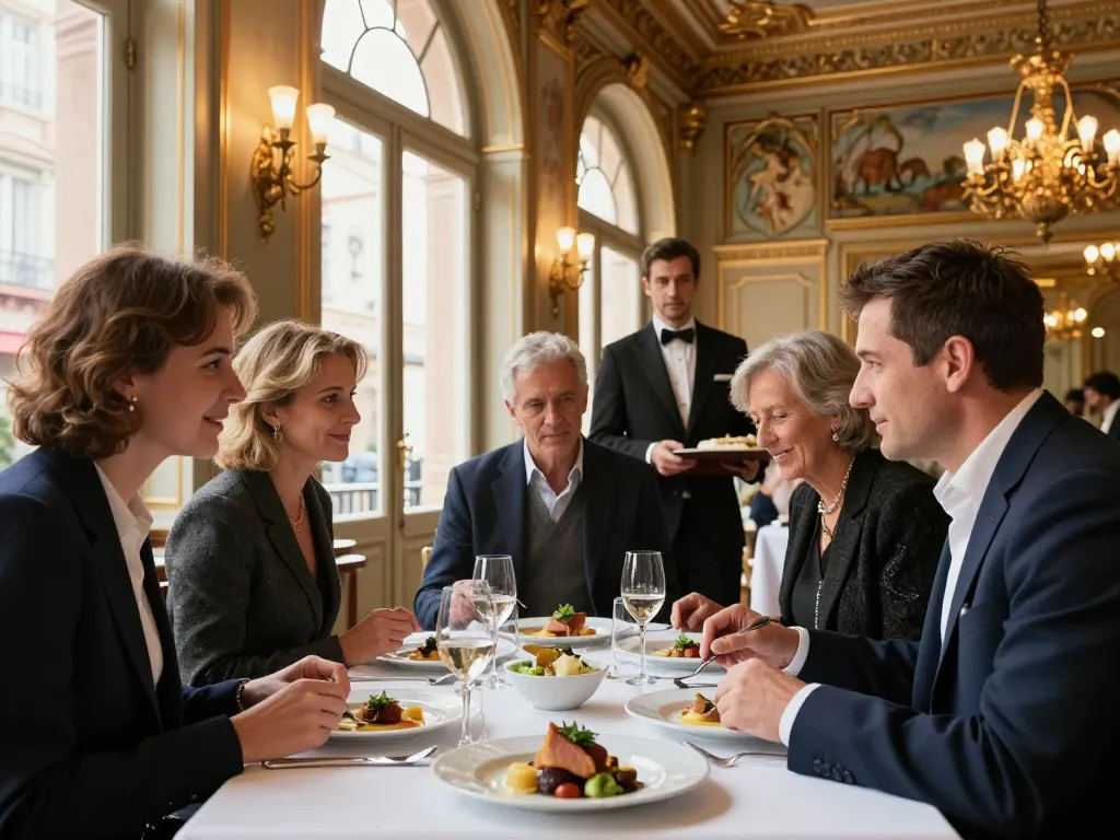 Clients élégants dégustant un repas gastronomique dans le décor historique Belle Époque de la brasserie Le Bibent à Toulouse.