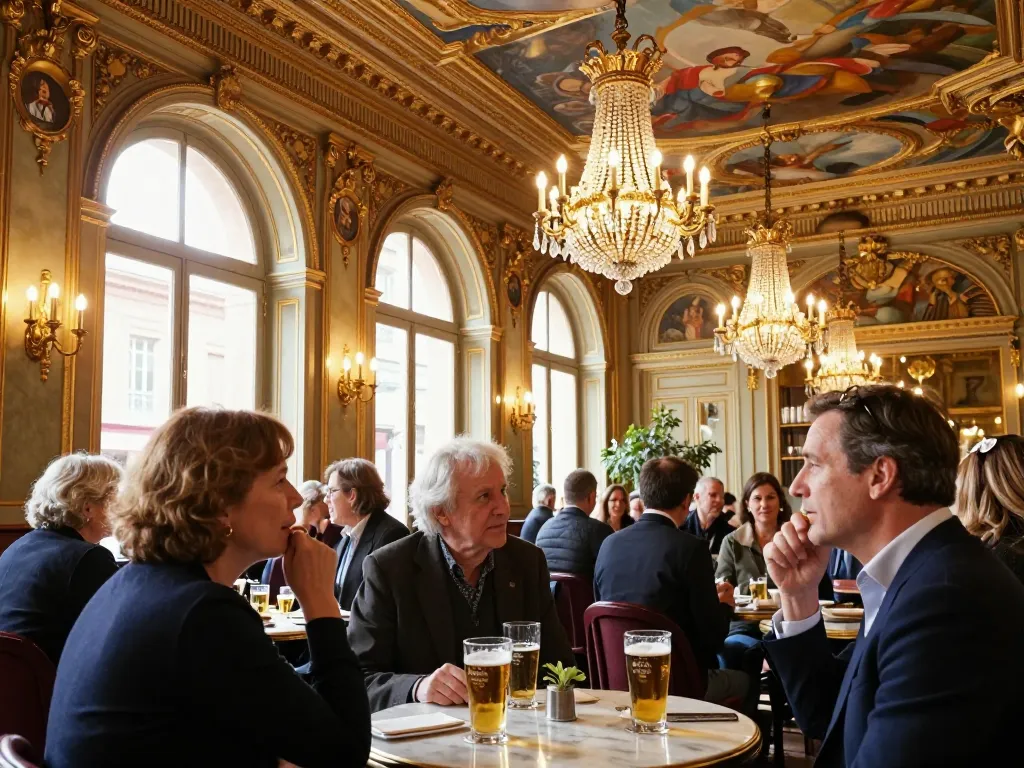 Intérieur luxueux de la brasserie historique Le Bibent à Toulouse avec des clients attablés sous des fresques et des moulures dorées de la Belle Époque.