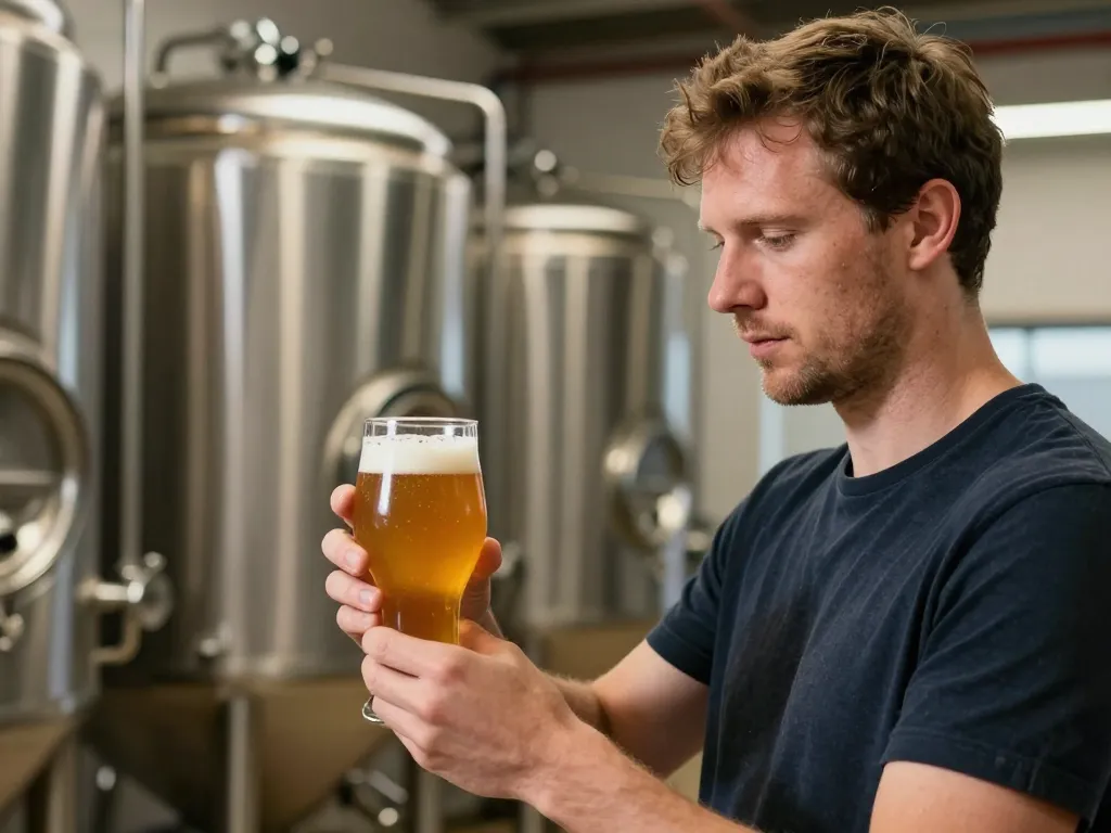 Un brasseur caucasien expert examinant une bière artisanale dans une microbrasserie moderne avec des cuves en inox.