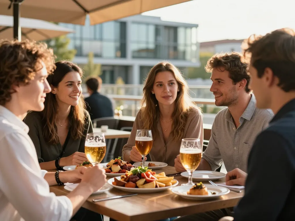 Groupe d'amis attablés en terrasse d'une brasserie toulousaine partageant des produits locaux et des bières lors d'un moment convivial en fin de journée.