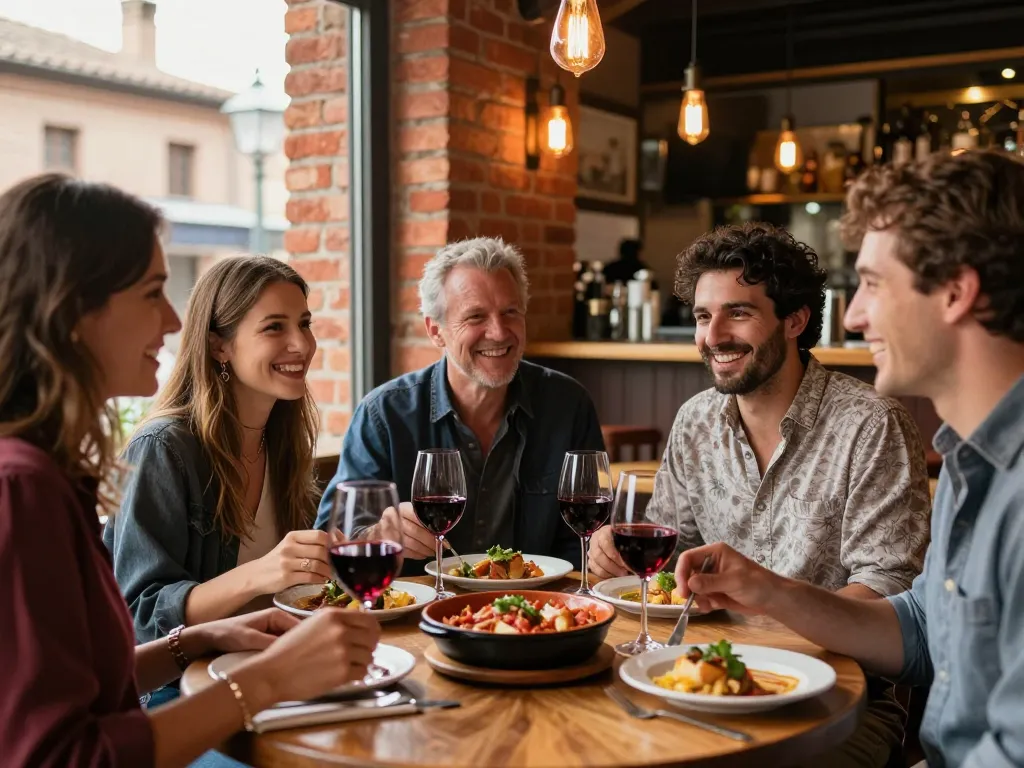 Groupe d'amis caucasiens partageant un repas authentique dans une brasserie toulousaine aux briques rouges aux Pradettes.