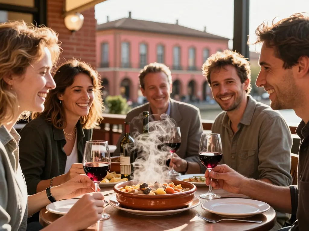 Des amis souriants partagent un cassoulet traditionnel sur la terrasse ensoleillée d'une brasserie typique aux briques roses à Toulouse.