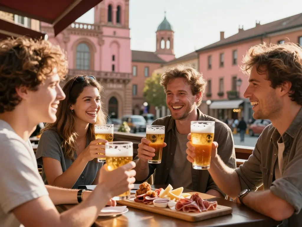 Groupe d'amis souriants partageant des bières et des tapas en terrasse devant les façades historiques en briques roses du quartier du Capitole à Toulouse.
