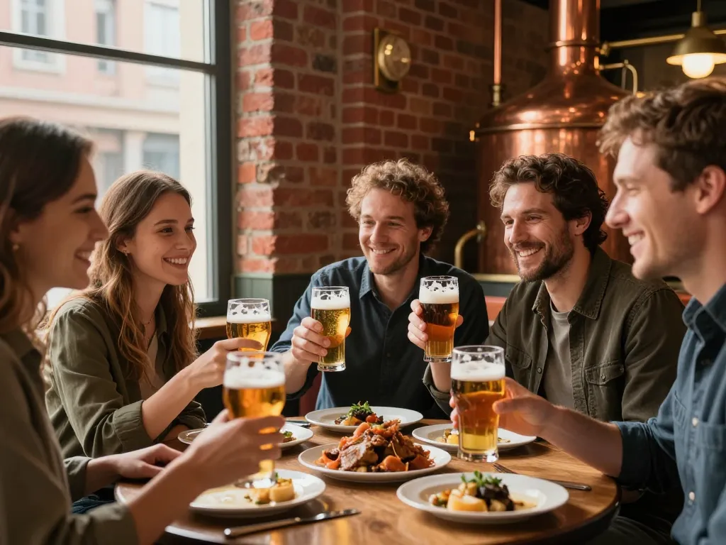 Amis partageant un repas convivial et des bières artisanales dans une brasserie authentique aux briques rouges.