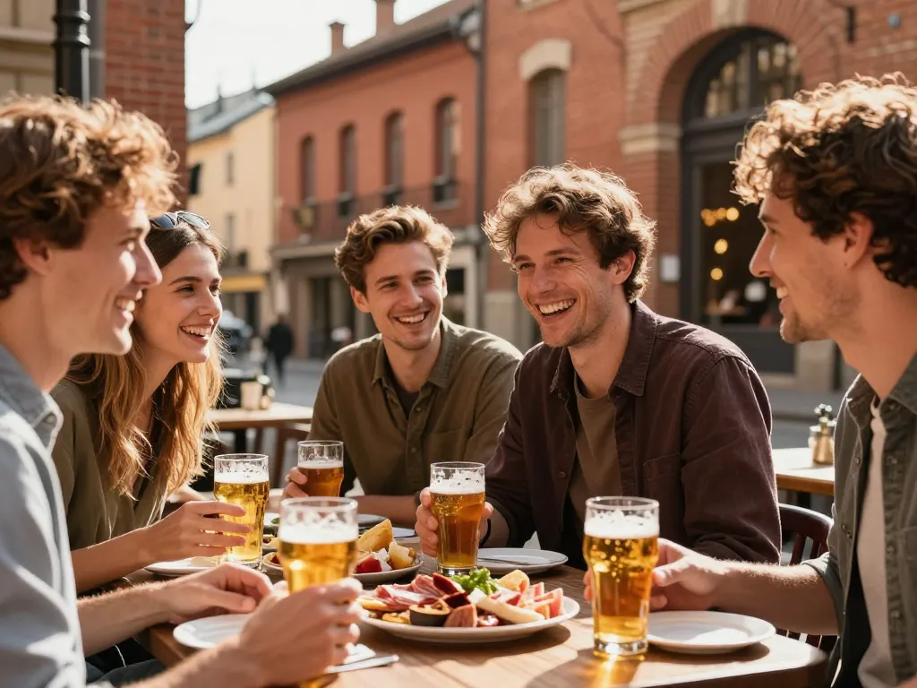 Groupe d'amis souriants partageant des bières artisanales et une planche de charcuterie en terrasse d'une brasserie toulousaine typique en briques roses.