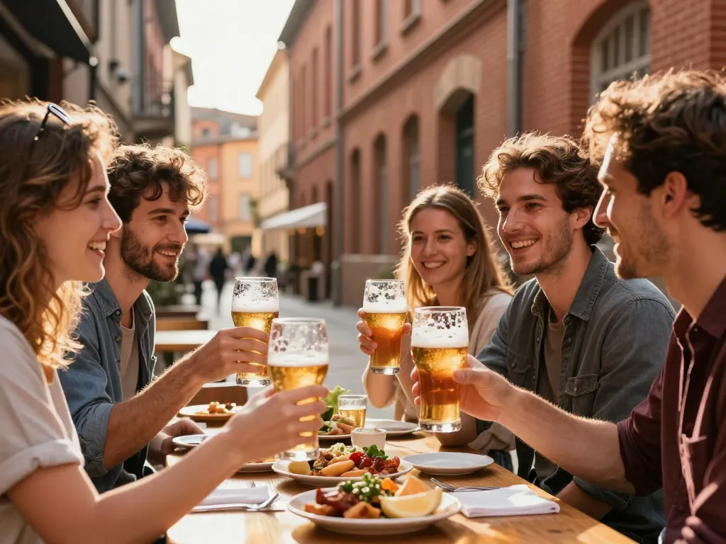 Groupe d'amis souriants dégustant des bières artisanales en terrasse dans le quartier historique des Carmes à Toulouse