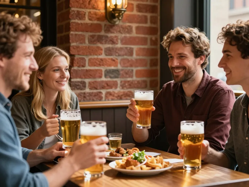 Groupe de clients européens souriants partageant des bières artisanales dans le cadre authentique d'une brasserie toulousaine.