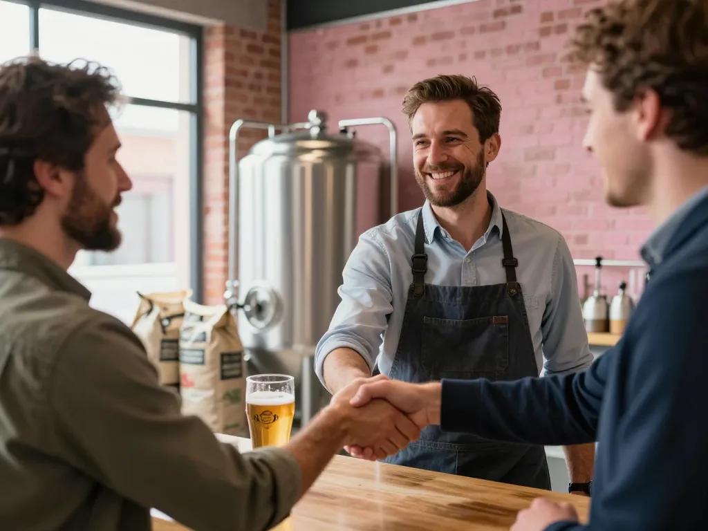 Un brasseur et un client se serrant la main chaleureusement dans une brasserie moderne à Toulouse à côté de cuves de production.