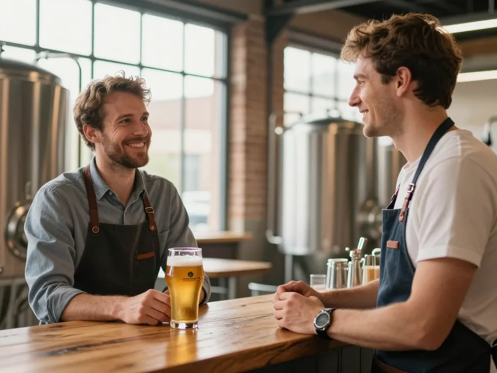 Un responsable événementiel et un brasseur toulousain discutant avec le sourire dans une brasserie artisanale devant des cuves en inox.