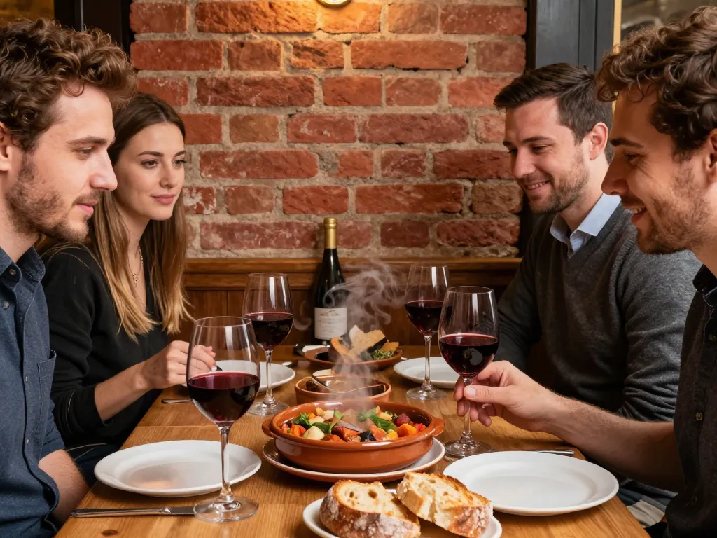 Amis partageant un repas traditionnel de cuisine toulousaine avec un cassoulet fumant dans une brasserie authentique aux murs de briques.