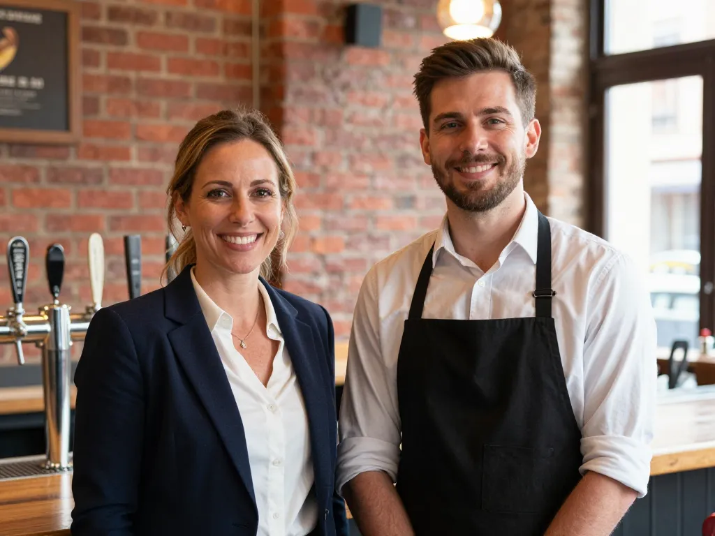 Portrait réaliste de Julie, chef d'équipe, et Thomas, souriants au sein d'une brasserie toulousaine authentique en briques rouges.