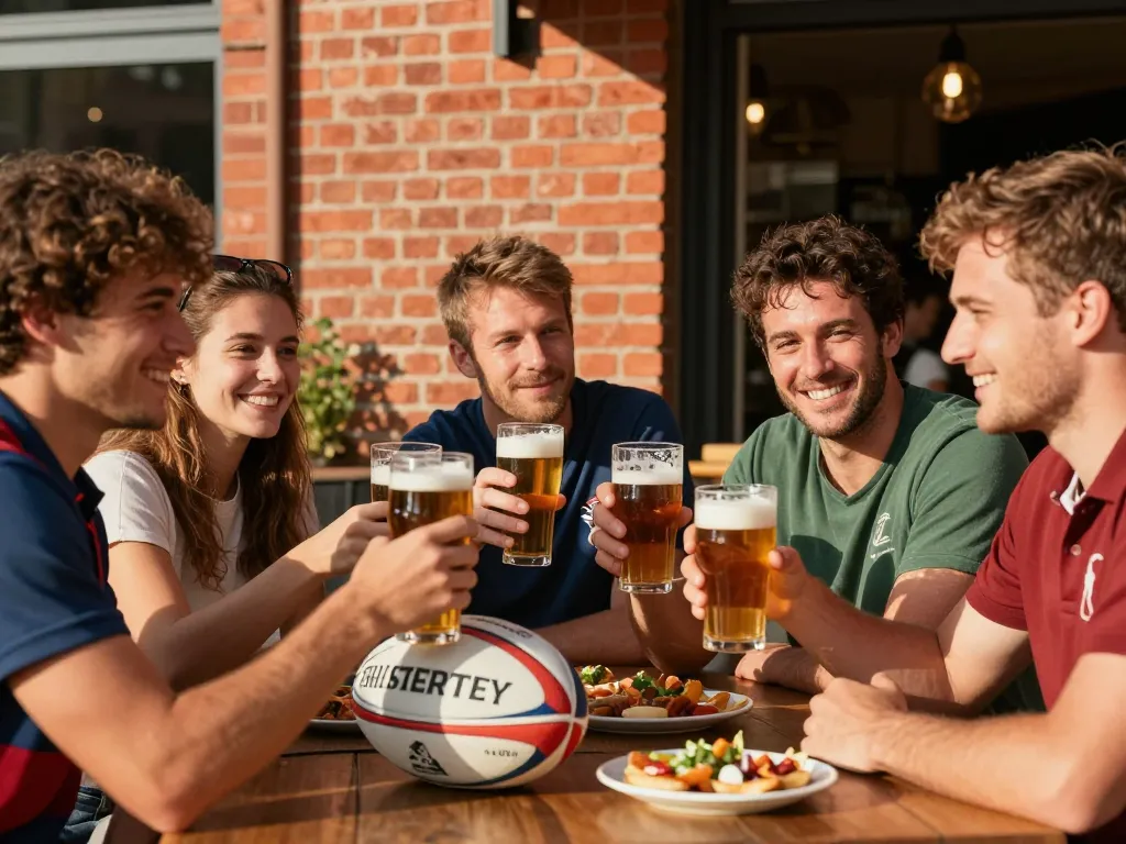 Groupe d'amis partageant des bières artisanales sur une terrasse en briques à Toulouse avec un ballon de rugby évoquant la convivialité locale.