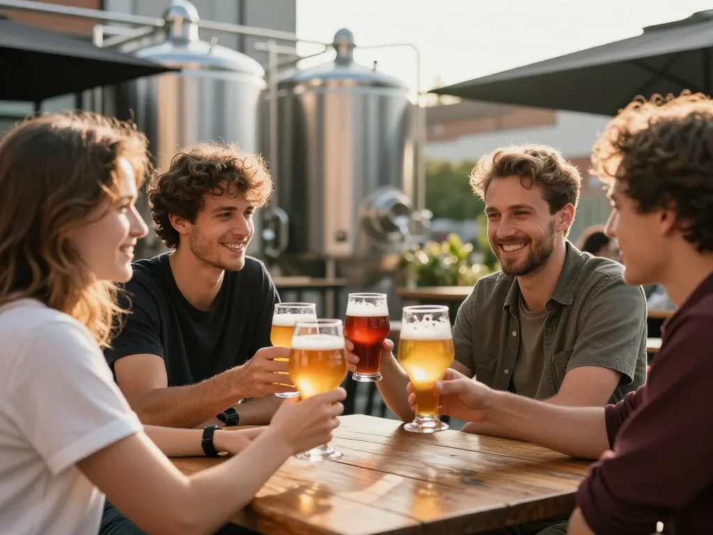 Groupe d'amis partageant des verres de bières artisanales sur la terrasse d'une microbrasserie toulousaine lors d'un moment convivial.