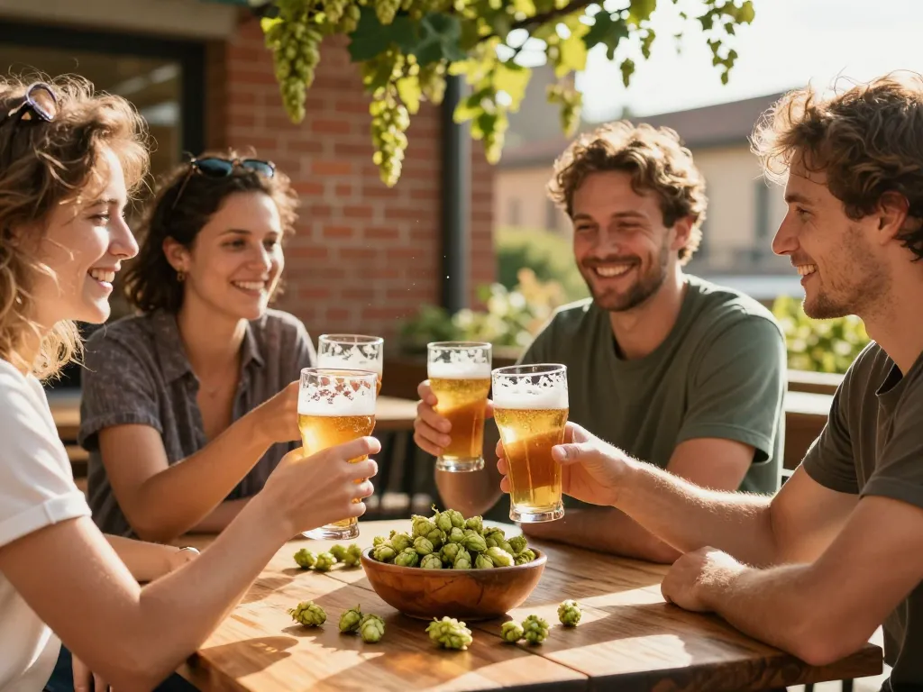 Un groupe d'amis caucasiens souriants dégustant une bière artisanale toulousaine autour d'un bol de houblon frais sur une terrasse ensoleillée.