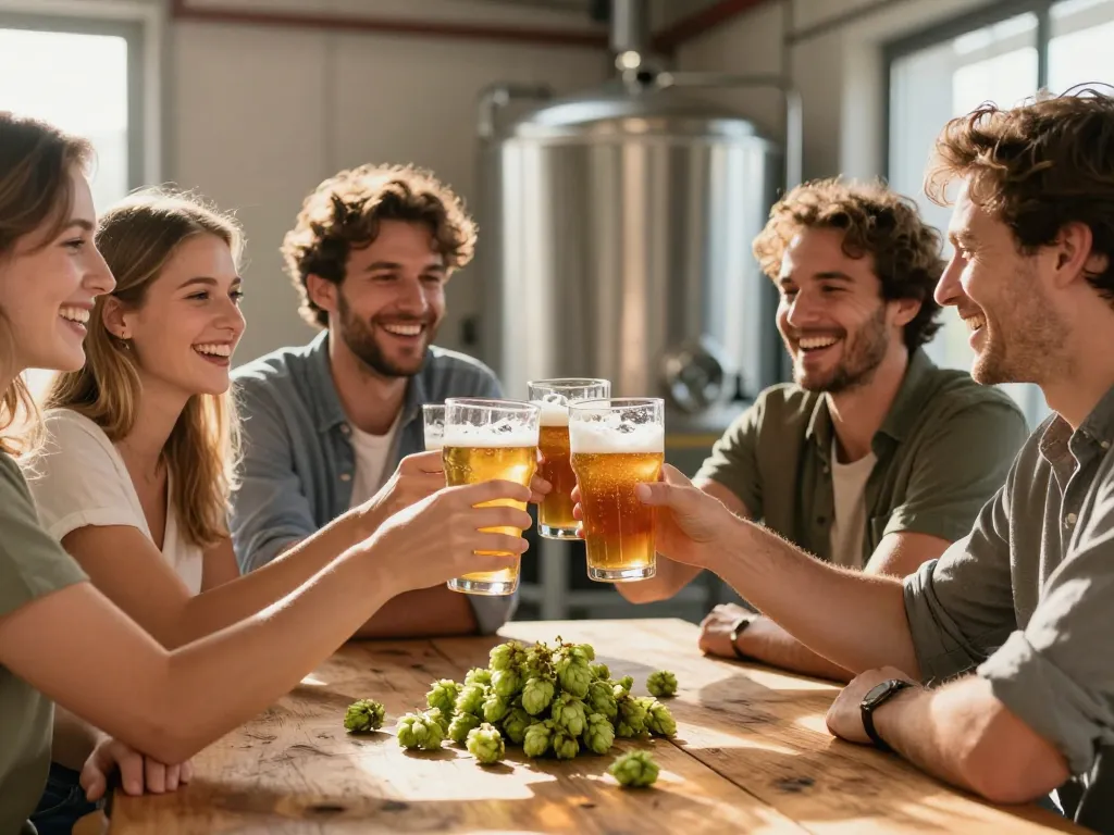 Groupe d'amis partageant des bières artisanales lors d'un événement dans une brasserie toulousaine avec du houblon frais.