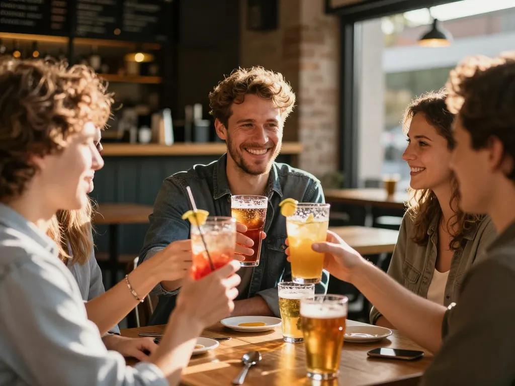 Un groupe d'amis souriants trinquant avec des cocktails et des verres de bière sur la terrasse ensoleillée d'une brasserie à Toulouse.