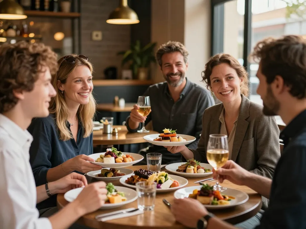 Groupe de collègues souriants partageant un repas convivial avec des planches apéritives dans une brasserie moderne à Toulouse.