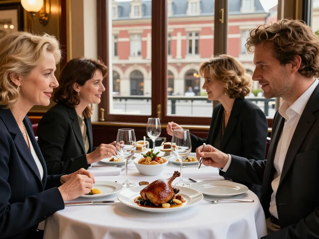 Groupe d'amis dégustant des plats gastronomiques dans une brasserie chic avec vue sur la place du Capitole à Toulouse.