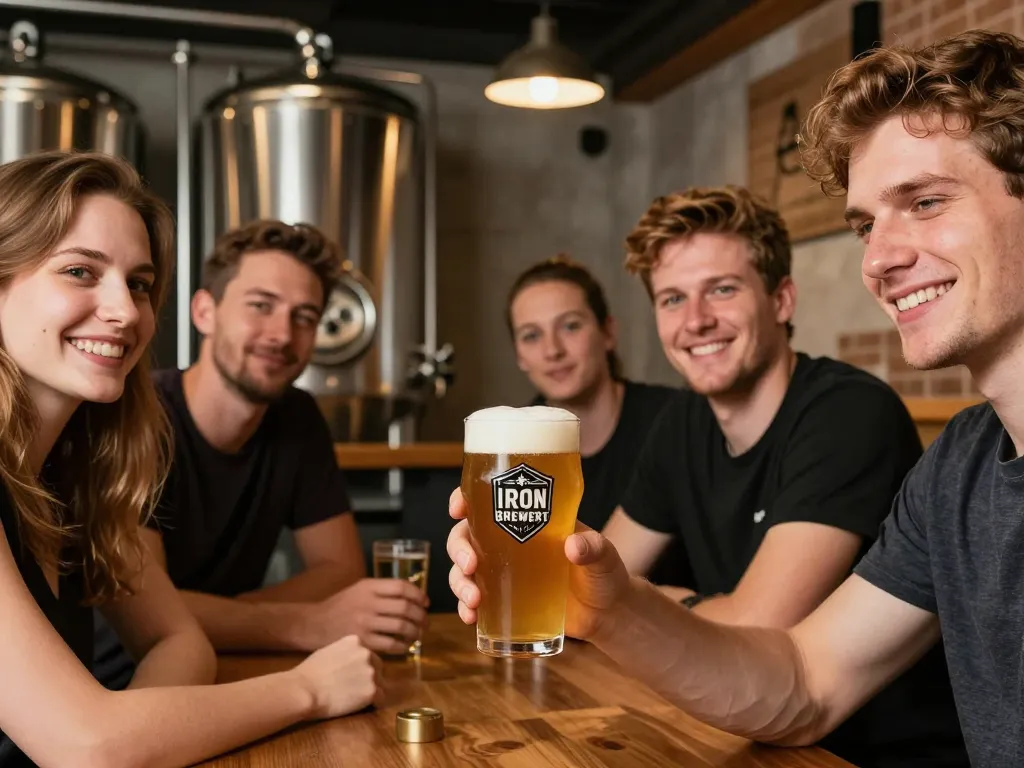 Amis dégustant une bière artisanale dans le cadre industriel de la brasserie Iron à Toulouse.