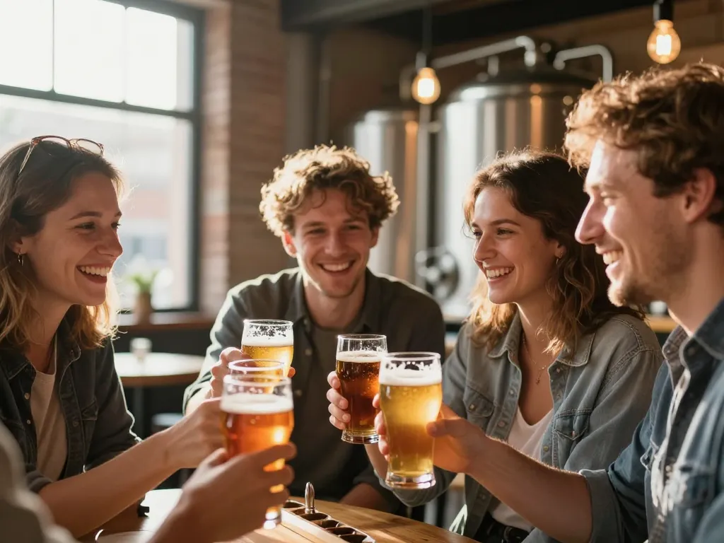 Groupe d'amis épicuriens partageant des bières artisanales dans une brasserie authentique à Toulouse.