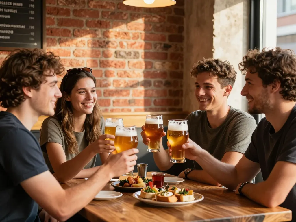 Amis toulousains partageant des bières artisanales et des planches de produits locaux dans une brasserie chaleureuse.