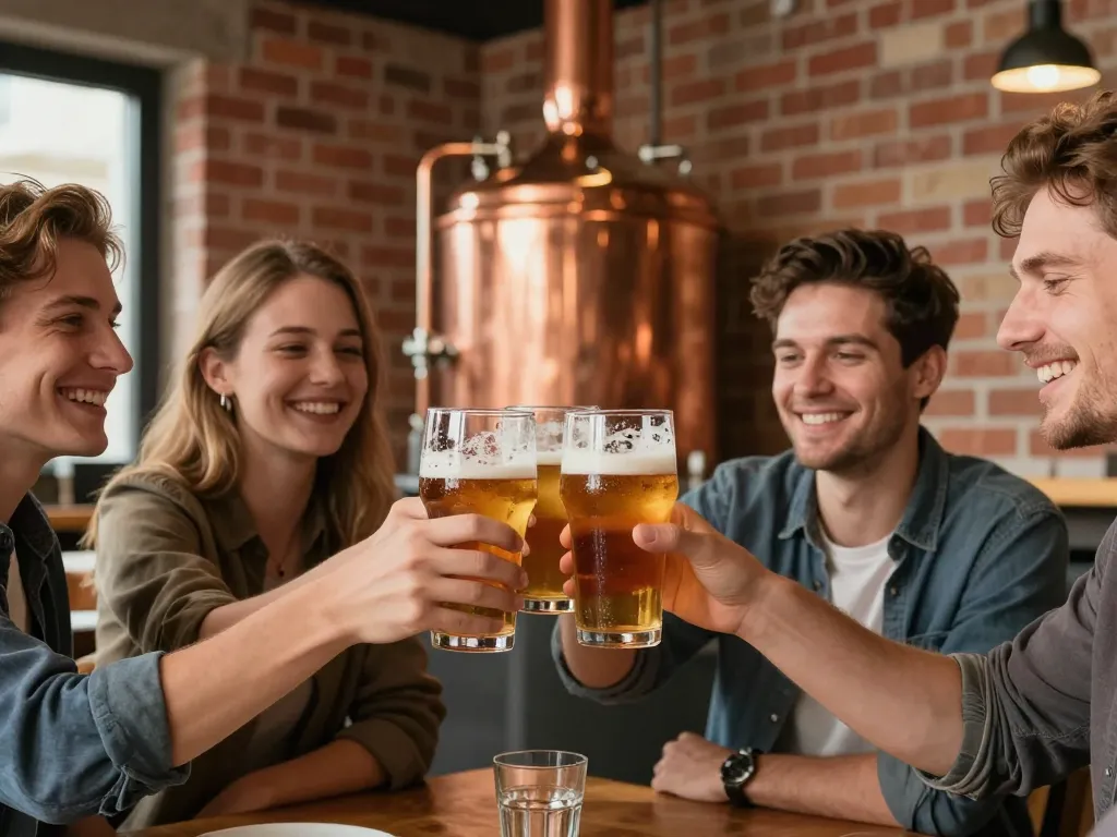 Groupe d'amis souriants dégustant des bières artisanales locales dans une brasserie authentique de Toulouse.