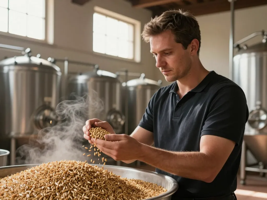 Maître brasseur examinant la qualité du malt d'orge local dans une brasserie artisanale toulousaine.