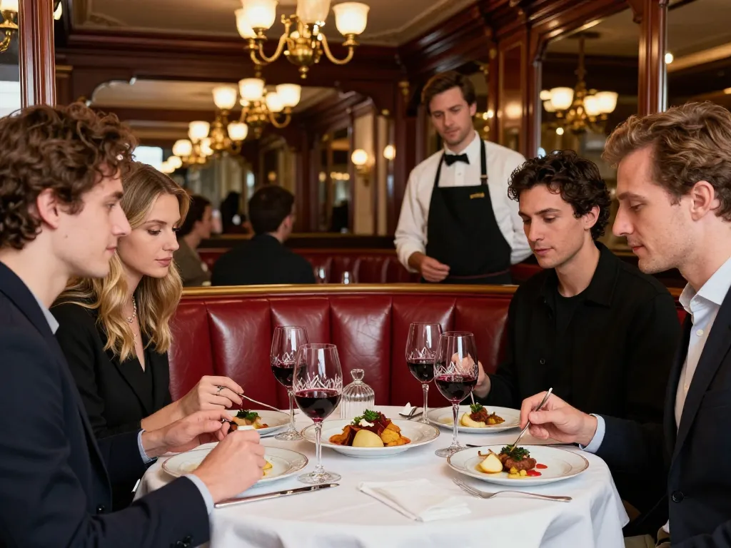 Ambiance conviviale dans une brasserie toulousaine élégante avec des convives dégustant des plats gastronomiques et du vin.