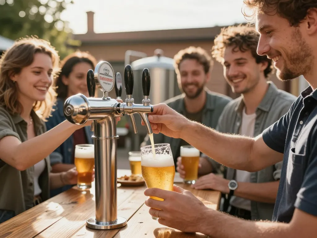 Groupe d'amis partageant un moment convivial autour d'une tireuse à bière artisanale lors d'un événement festif à Toulouse.
