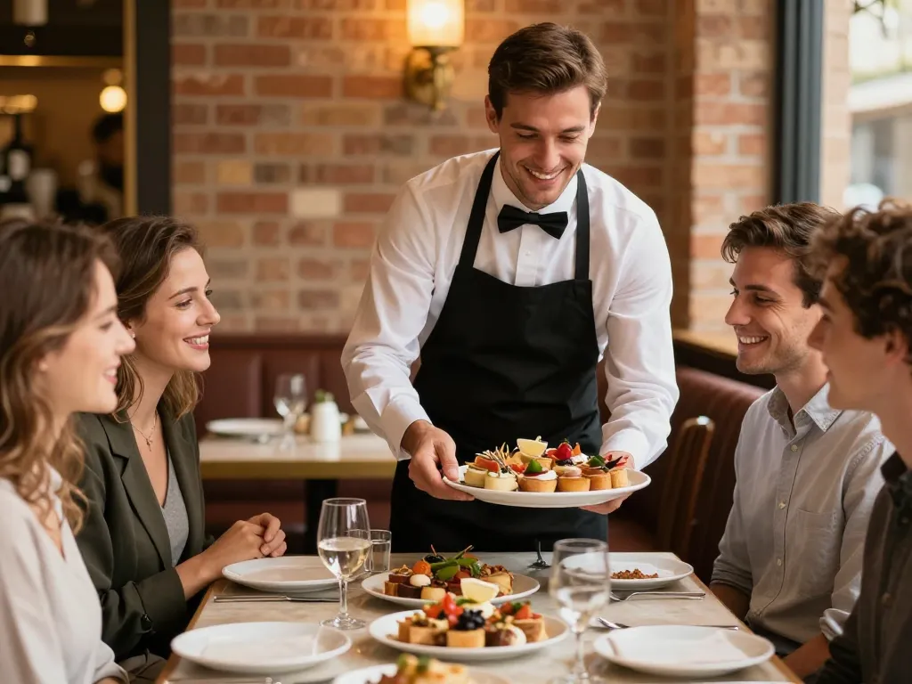 Une planche de tapas gourmande servie avec professionnalisme à une table d'amis dans une brasserie toulousaine.