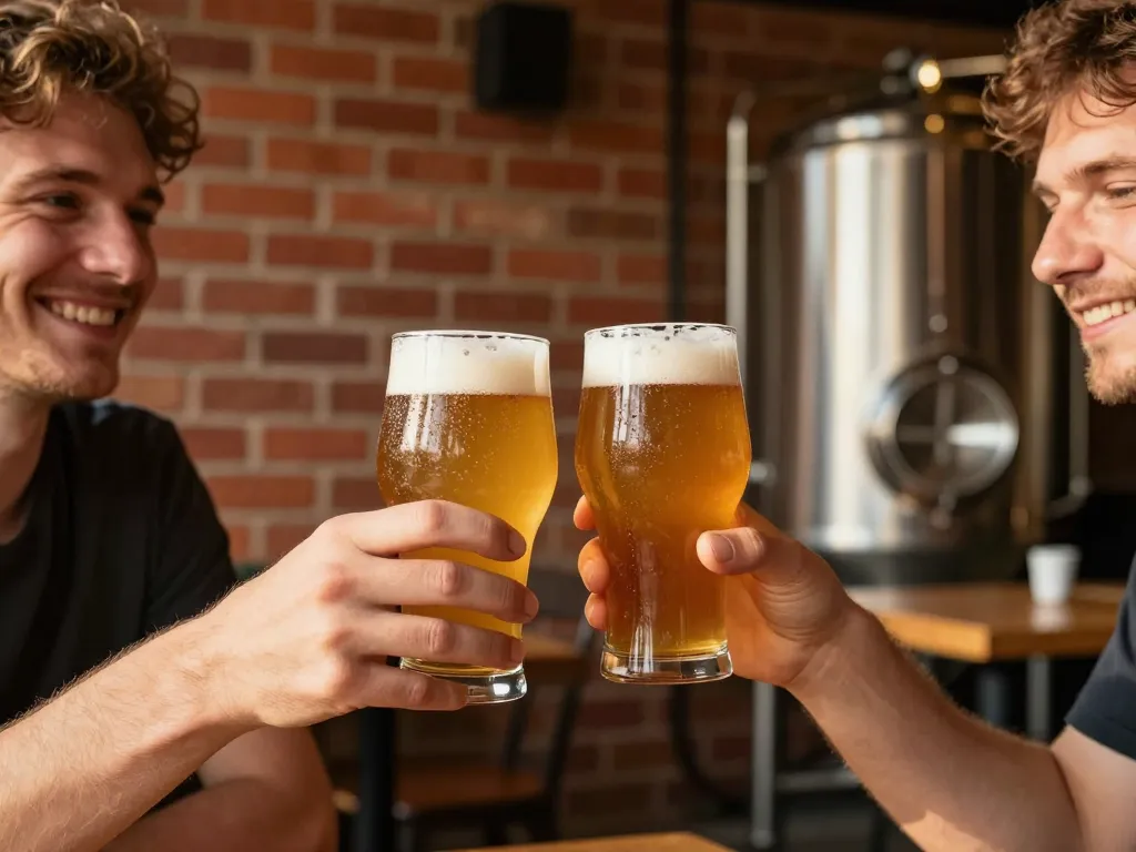 Deux amis dégustant une bière IPA artisanale en terrasse d'une brasserie toulousaine aux briques rouges.