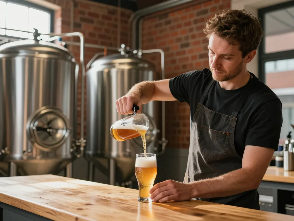 Maître brasseur versant une bière artisanale ambrée dans une micro-brasserie toulousaine aux murs de briques rouges.
