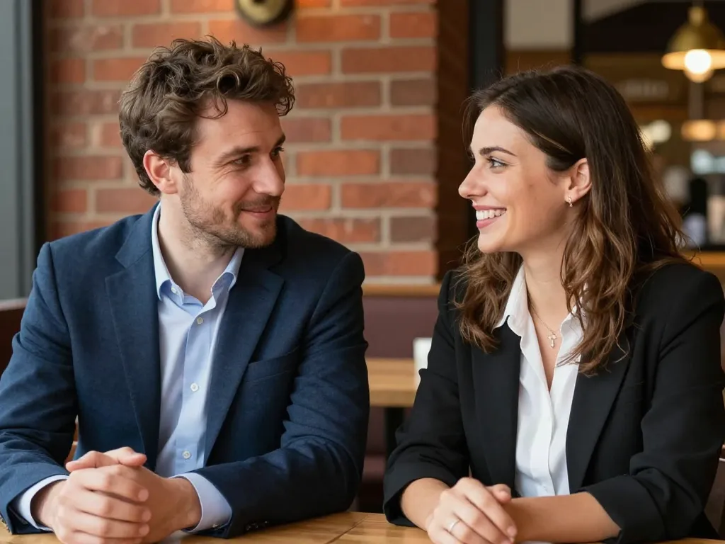 Portrait de Nicolas, responsable RH, et Julie discutant avec complicité dans une brasserie toulousaine typique aux briques rouges.