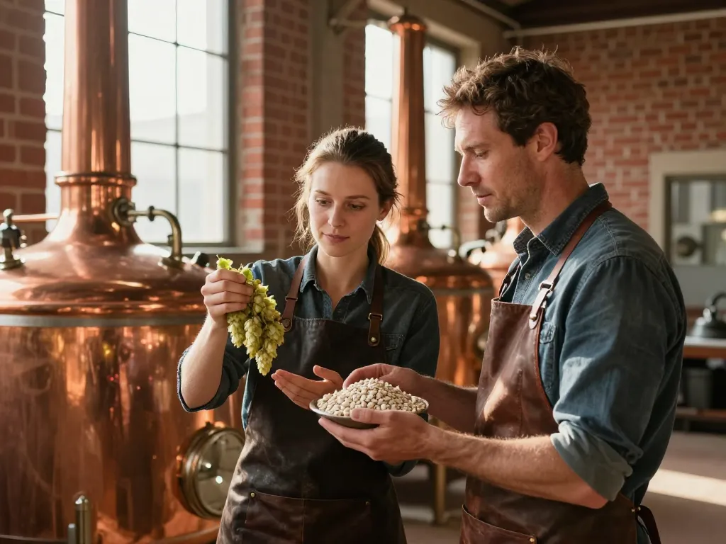 Deux artisans brasseurs examinant des ingrédients naturels devant des cuves en cuivre dans une brasserie typique aux briques rouges à Toulouse.
