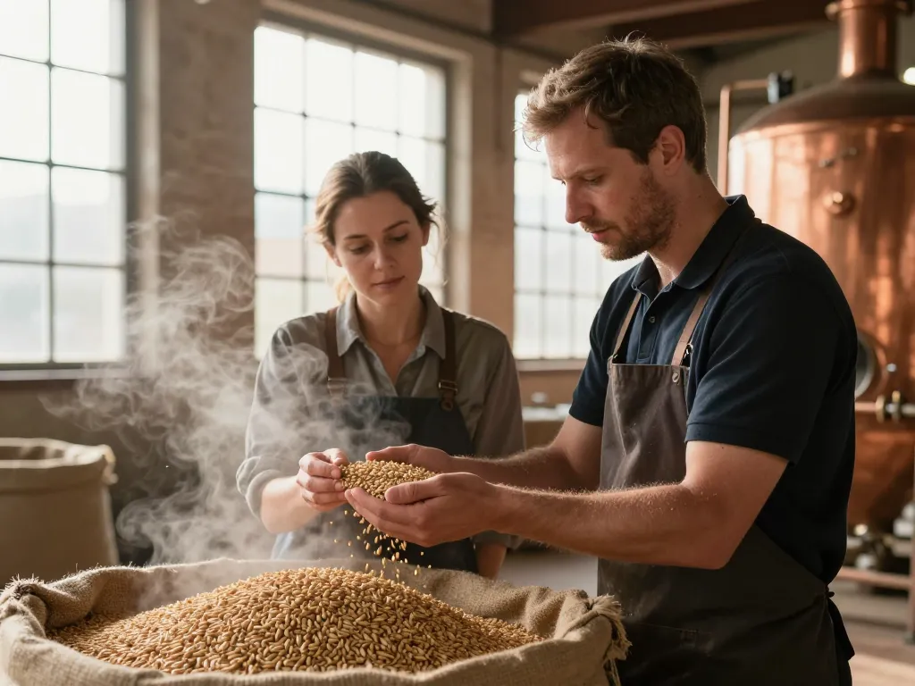 Maître brasseur et son assistante examinant des céréales locales de Gascogne dans une brasserie artisanale à Toulouse avec des cuves en cuivre en arrière-plan.