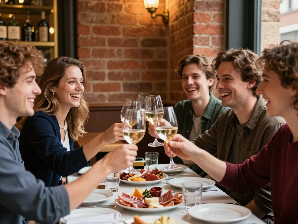 Un groupe d'amis joyeux trinquant avec des verres de vin dans une brasserie typique de Toulouse aux murs en briques rouges.